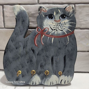 Hand Painted Cat Wall Decor Key Holder. Signed